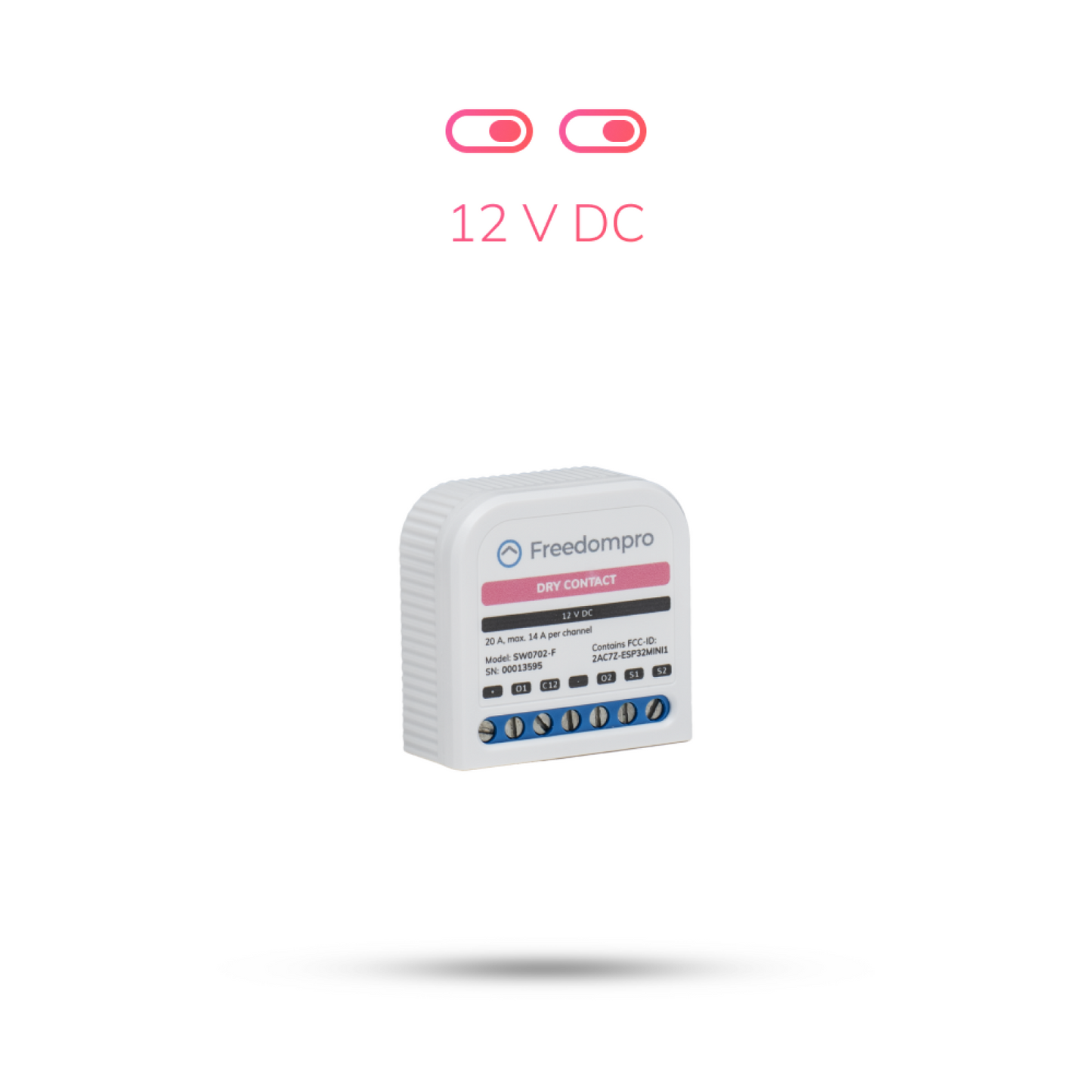 Módulo WiFi Smart de 12 V DC  para controlar 2 dispositivos de contacto seco. Instalación detrás de pulsadores e interruptores.