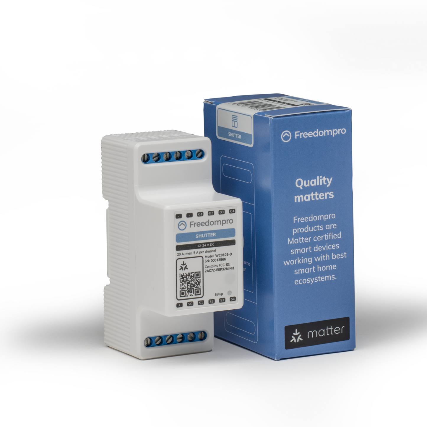 Modulo Smart WiFi a 12-24 V DC per il controllo di 2 tapparelle o tende elettriche. Installazione nel quadro elettrico.