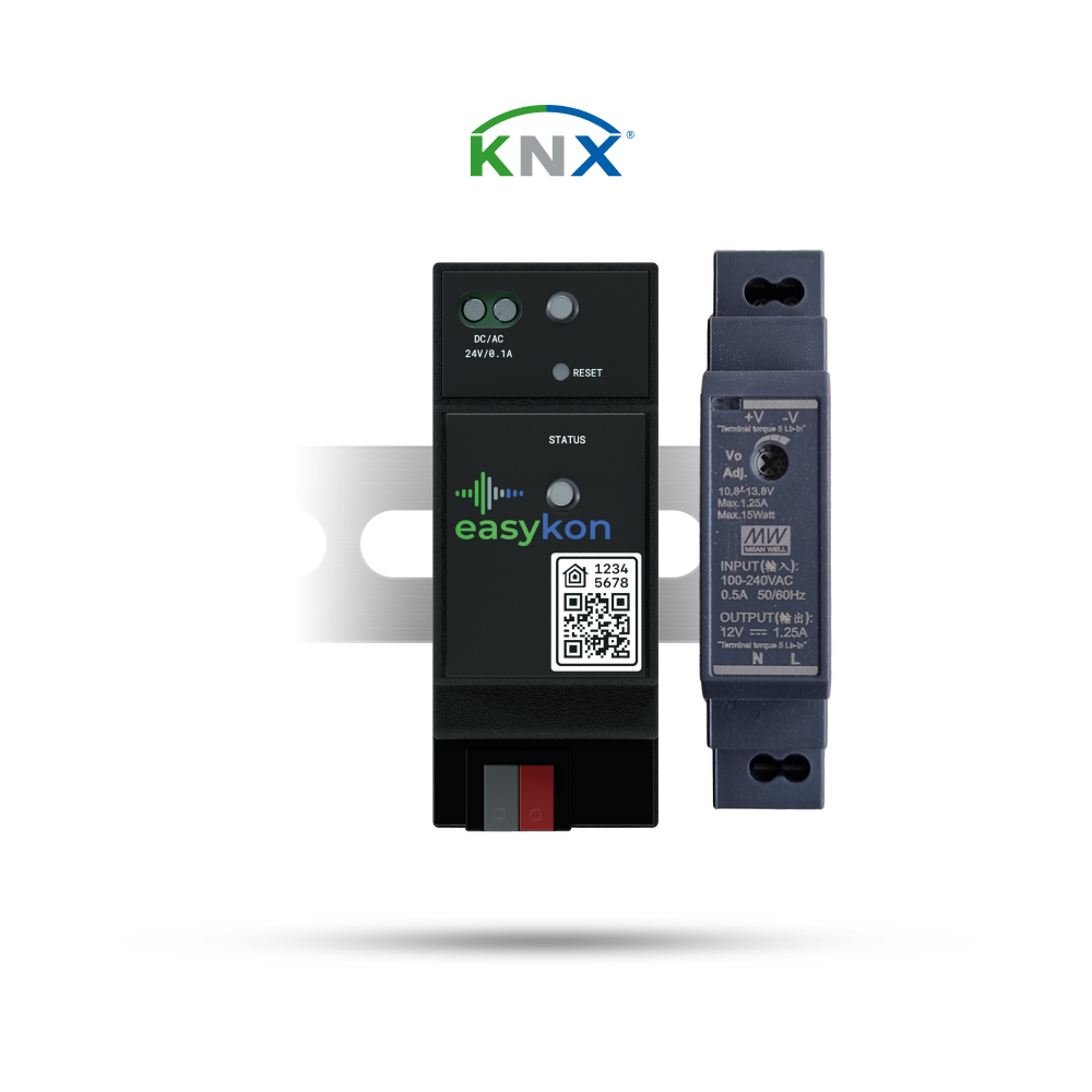 Easykon for KNX + Power Supply (12 V) | BUS 2-DIN rail device, Ethernet connected bridge to smart control KNX home automation system, includes power supply.