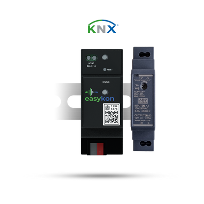 Easykon for KNX + Fuente de alimentación (12 V) | Módulo de carril DIN KNX BUS, puente conectado a Ethernet para el control inteligente del sistema domótico KNX, incluye fuente de alimentación de 12 V