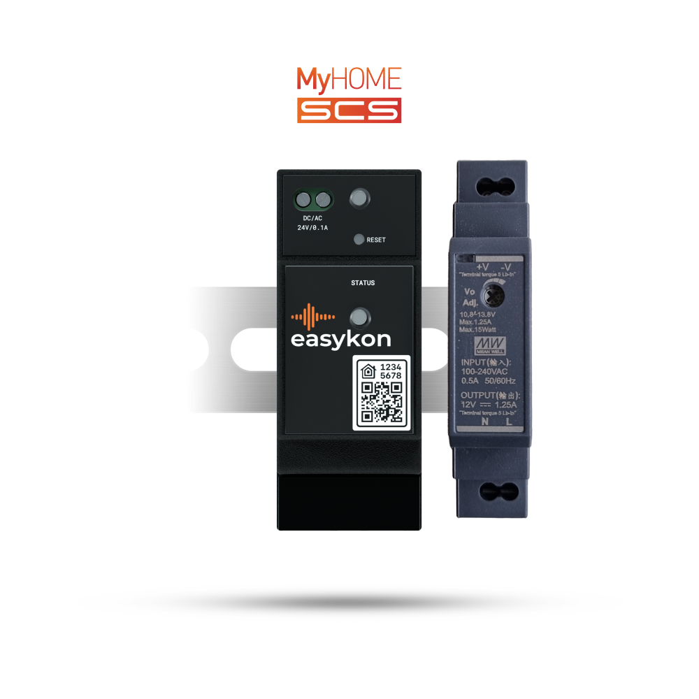 Easykon for MyHome + Power Supply (12 V) | BTicino MyHome SCS BUS 2-DIN rail device, Ethernet connected bridge to smart control MyHome SCS home automation system, includes power supply.