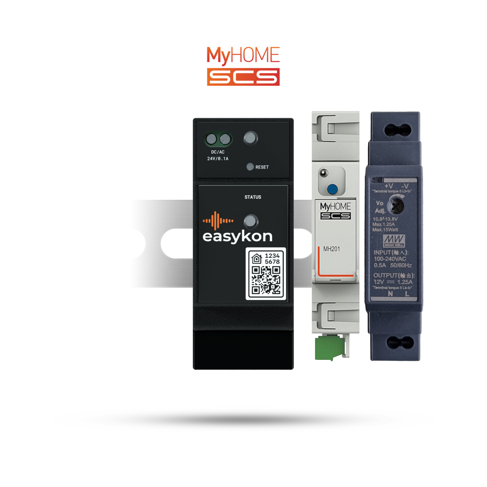 Easykon for MyHome + MH201 Gateway + Power Supply (12 V) | BTicino MyHome SCS BUS 2-DIN rail device, Ethernet connected bridge to smart control MyHome SCS home automation system, includes power supply and MH 201 gateway.