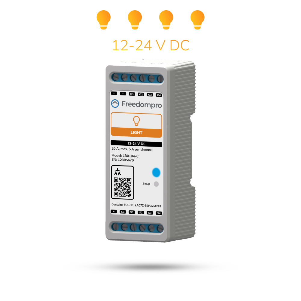 Modulo Smart WiFi a 12-24 V DC per il controllo di 4 luci. Installazione nella scatola di derivazione.